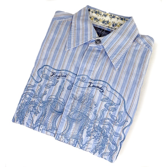 English Laundry Embroidered Blue Stripe Shirt - Picture 1 of 8